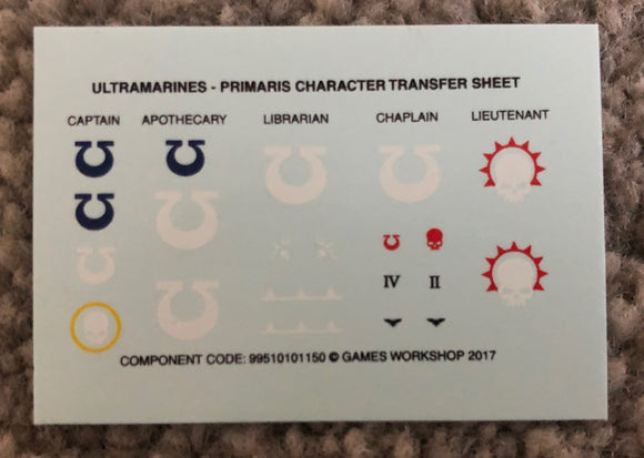 Warhammer 40K Ultramarines Primaris Character Transfer / Decal Sheet x 1