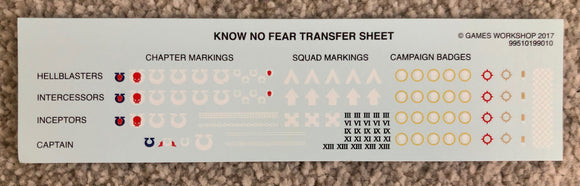 Warhammer 40K Space Marine Know No Fear Transfer / Decal Sheet x 1